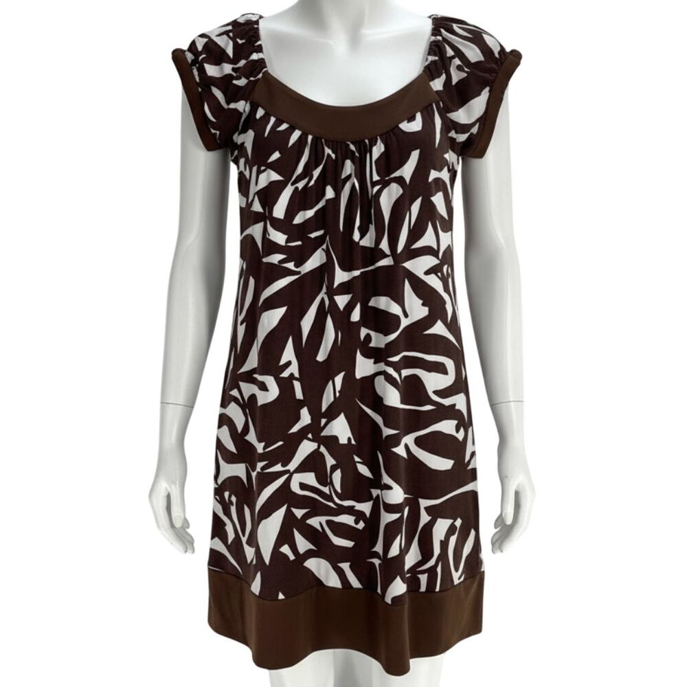 Y2K 2000s GNW Dress Size 8 Brown White Geometric Short Sleeve Knee Length Office